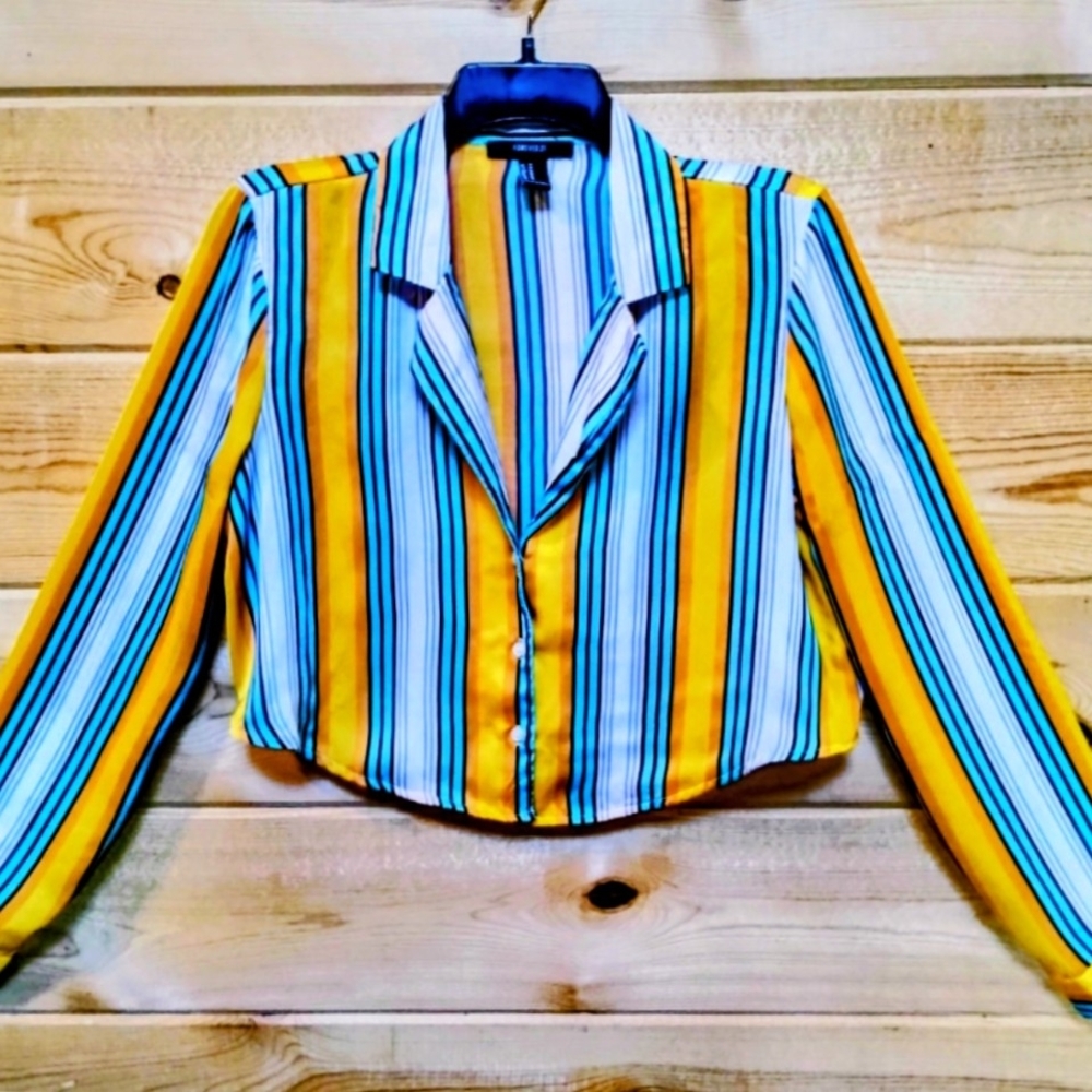 Forever 21 Multicolor Striped Button Down Shirt Cropped Long Sleeve Blouse - Picture 2 of 5